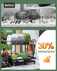 2-Tier Dish Rack With Auto-Drain & Mat, Dish Racks For Kitchen Counter, Dish Drainer With Knife, Fork & Cup Rack, Gifts For Women, Mothers Day, Cool Stuff & Kitchen Gadgets - View 8