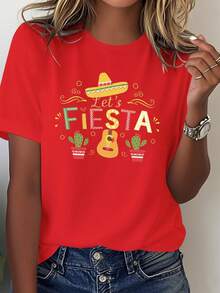 Women's Mexican Festival T-Shirt - Solid Color Short Sleeves With Wide Brim Hat, Maracas, And Cactus Prints - Let's Celebrate With Spanish-Themed Party Outfits, Mariachi Dance Costumes, And Accessories (Machine Washable) Blouses For Women - 紅色 - 查看 1