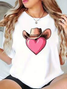 Western Cowboy Style T-Shirt, Polyester Blend, Casual Round Neck, Medium Elasticity, Short Sleeves, Regular Length, Knit Fabric, With Heart-Shaped Print, Suitable As A Summer Top For Women For Everyday Wear. - 白色 - 查看 1