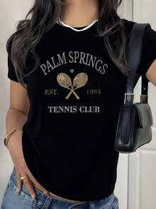 100% Cotton. Two Crossed Golden Rackets With A Ball Symbolize Passion And Sporting Energy At The Palm Springs Tennis Club Since 1984. Women's 100% Cotton Soft And Comfortable T-Shirt. Women's Simple Solid Color T-Shirt, Loose And Slim Fit Casual Short Sleeve - 黑色 - 查看 1