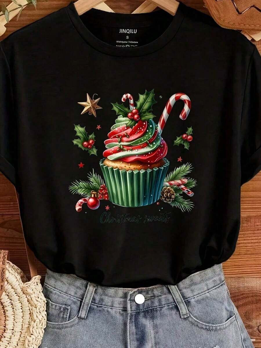 Women's T-Shirts With Christmas Cupcake Graffiti Print 2026, Casual Round Neck Short Sleeve T-Shirts, Korean Summer Fashion, Cotton Tops For Ladies, Cool Summer Clothes For Women - 黑色 3 - 查看 1