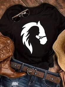 Women's Modern, Casual T-Shirt, Perfect For Parties And Lounging At Home, 100% Cotton, Loose Fit. Graphic Tees Horse Head Print T-Shirt, Short Sleeve Crew Neck Casual Top For Summer & Spring, Women's Clothing 100% Cotton - 黑色 - 查看 3