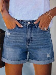 Women's Solid Color Casual Loose Cuffed Denim Shorts, Versatile Daily Wear Summer - Dark Wash - View 2