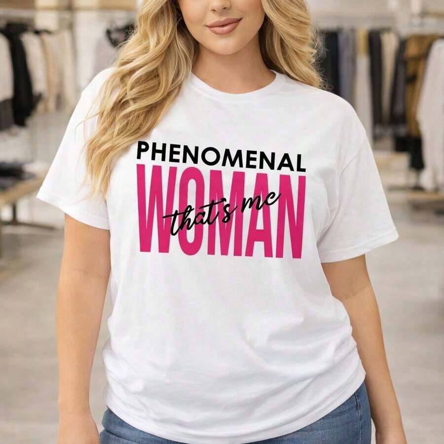 Women's Graphic T-Shirt "Phenomenal Woman", Cotton, Short Sleeve, Casual Style, Loose Fit, Round Neck, For Everyday Wear, Sizes M-5XL, Pink Letter Print, Comfortable Basic T-Shirt, Soft Clothing. - 白色 - 查看 1