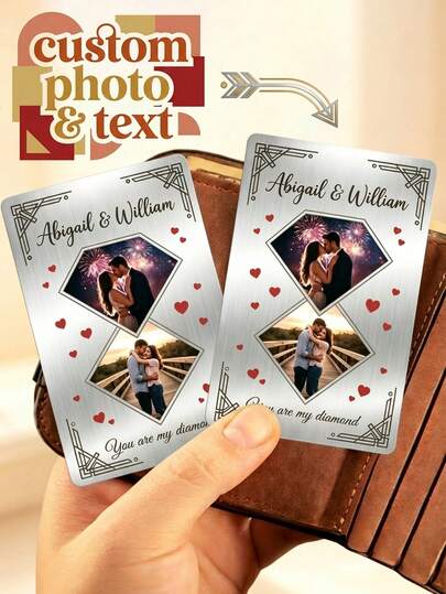 1pc Custom Aluminum Wallet Insert Card With Custom Couple Photos, Personalized Keepsake Engraved With Couple Names & Message, Romantic Gift For Partner, Brushed Aluminum Material, Engraved & Printed Design, Credit Card Size