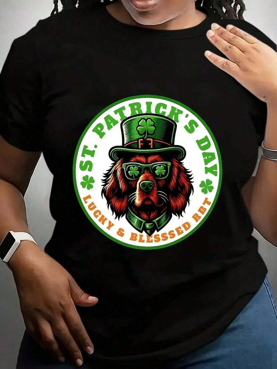 Women's T-Shirt With Irish Dog, Rottweiler, And St. Patrick's Day Print, Festive Outfit For The Holidays, New Arrivals, Women's Clothing, Gifts For Women - 黑色 - 查看 1