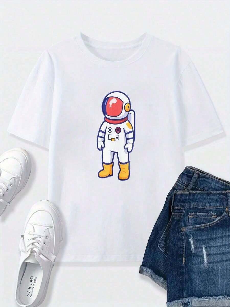 Premium Fashion T-Shirt With Cartoon White Astronaut Print (Red Helmet, White And Blue Spacesuit, Orange And Yellow Boots, Badge On Back) - Casual Crew Neck T-Shirt, Perfect For Summer, A Must-Have For Space Enthusiasts. Size S In White Is The Preferred Choice For Everyday Wear. New Women's Summer T-Shirt, Casual And Comfortable With A Crew Neck. Great Gift Idea. - 白色 - 查看 1