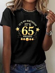 Women's Casual Short-Sleeved Crew Neck T-Shirt, Perfect For Summer And Spring, With A Birthday Print. Elegant Party Outfit, Stylish Ladies' T-Shirt, Blouses Suitable For Curvy Women, Casual Wear, Cool And Sweat-Free Summer Clothing, Fun Letter Print. - 黑色 - 查看 6