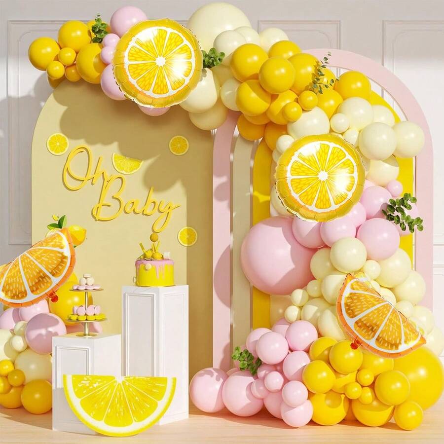 114pcs Pastel Yellow Pink Lemon Balloon Garland Arch Kit Pastel Yellow Light Pink Balloons With Lemon Foil Balloons Suitable For Lemon Theme Baby Shower Bridal Shower Birthday Party Decorations - Pale Yellow - View 1