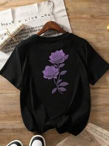 Camiseta negra informal de manga corta con cuello redondo para hombre,Camisetas Para Mujer Camiseta elegante con diseño de rosas modernas, cómoda y fresca, alternativa perfecta para un look casual, ideal para primavera y verano, disponible en negro y varias tallas, moda para jóvenes,  urbana, estilo único. - Negro - Ver 1