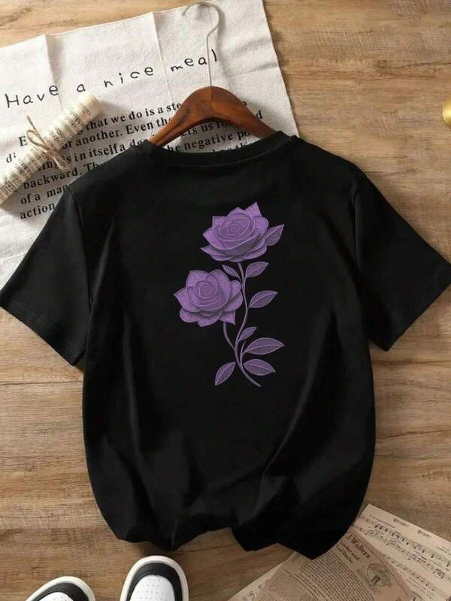 Camiseta negra informal de manga corta con cuello redondo para hombre,Camisetas Para Mujer Camiseta elegante con diseño de rosas modernas, cómoda y fresca, alternativa perfecta para un look casual, ideal para primavera y verano, disponible en negro y varias tallas, moda para jóvenes,  urbana, estilo único. - Negro - Ver 1