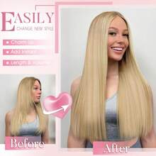 Wig Lurus Wanita 24 Inci, Rambut Sintetis Tahan Panas, Warna Campuran Emas Tebal & Lembut Alami, Ekstensi Rambut Tenun Ganda - Sorot Pirang - View 6