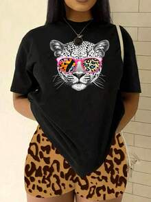 Women's Short-Sleeved T-Shirt, Leopard Print With Sunglasses,  Animal Print T-Shirt, Casual Black Round Neck T-Shirt, Elastic, Machine Washable, Suitable For Sports And Leisure In Spring/Summer/Autumn. - 黑色 - 查看 6