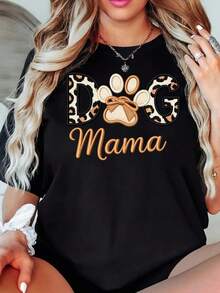 Women's Short-Sleeved T-Shirt With "Dog Mom" Leopard Print, Casual Black Round Neck T-Shirt, Elastic, Machine Washable, Suitable For Sports And Leisure In Spring/Summer/Autumn. - 黑色 - 查看 6