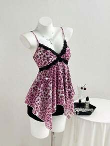 Top de mujer con estampado de leopardo y dobladillo asimétrico con encaje - Rosa 2 - Ver 4