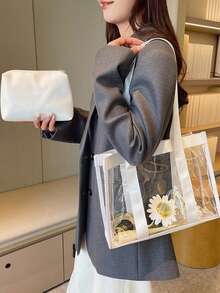 Set de 2 bolsas de playa transparentes con bloques de color de moda para mujeres - Blanco - Ver 3