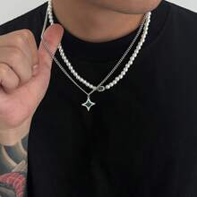 2 chiếc vòng cổ mặt dây chuyền hình ngôi sao đính đá lấp lánh phong cách tối giản thường ngày, vòng cổ nhiều lớp đính ngọc trai giả, dây chuyền móc áo len unisex, vòng cổ choker thiết kế độc đáo sang trọng theo phong cách hipster. - Ngôi sao - Xem 2