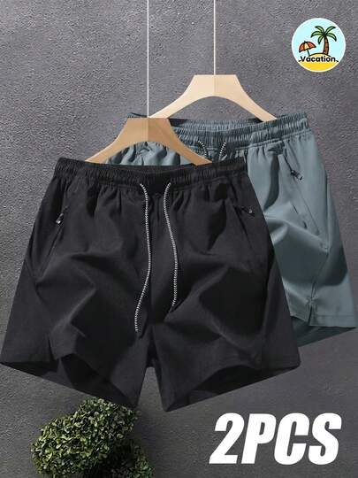 2pcs Men's Casual Shorts, Soft & Comfortable Fabric, Drawstring Waist, Suitable For Beach, Swimming Pool, Summer