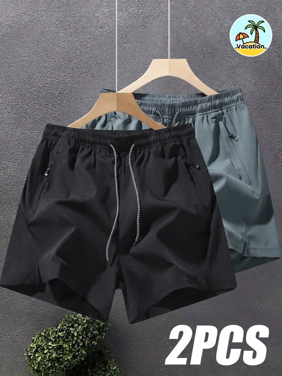 2pcs Men's Casual Shorts, Soft & Comfortable Fabric, Drawstring Waist, Suitable For Beach, Swimming Pool, Summer, Vacationcore - Multicolor - View 1