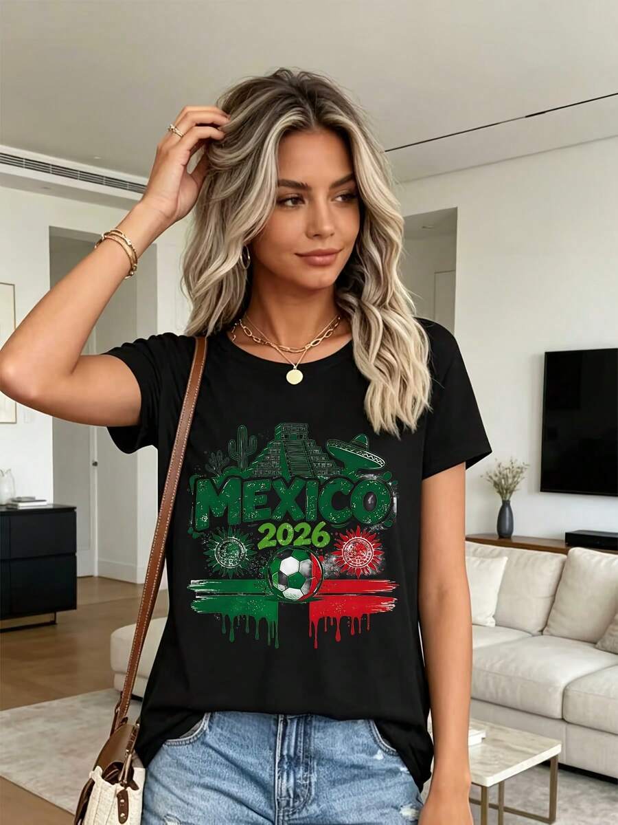 Women's T-Shirt With Mexico 2026 Soccer Theme Design, Gift For Soccer Fans And For Team Celebrations, Lightweight Regular Fit T-Shirt For Summer, Sporty Style, Outdoor Activities, Urban Style, Modern Fashion, Warm Weather Clothing, Casual Summer Wear, Party Outfit, Perfect For Vacation And Game Time, Ideal For Parties And Family Holidays, Perfect For Everyday Wear And Gifts. - 黑色 - 查看 1