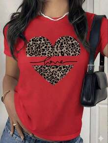 Women's White Short-Sleeve T-Shirt With Leopard Heart, Love Quote And Animal Print T-Shirt, Boho And Modern Style Blouse, Casual Top For Women's Gift Or Everyday Wear, Pretty Blouses, 100% Cotton - 紅色的 - 查看 5