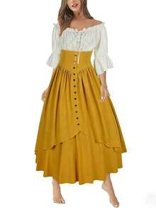 New Halloween Dress For Women, Renaissance Style, Full Skirt, With Patchwork Lace, Asymmetrical Pointed Design, Dark Fairy Style, Costume, Perfect For Halloween Parties, Cosplay And Themed Photography - 黃色 - 查看 1