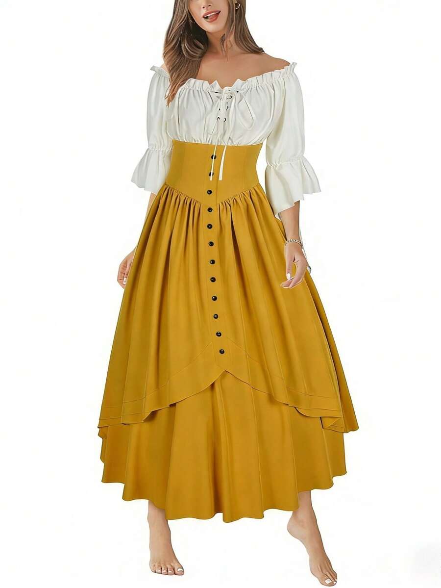 New Halloween Dress For Women, Renaissance Style, Full Skirt, With Patchwork Lace, Asymmetrical Pointed Design, Dark Fairy Style, Costume, Perfect For Halloween Parties, Cosplay And Themed Photography - 黃色 - 查看 1