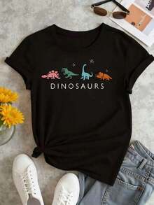 Fashion Printed T-Shirts For Women, Oversized Streetwear Tops, Comfortable And Stylish All-Match Summer Tees. Dinosaur Print T-Shirt, 220g Cotton, Casual Summer Crew Neck Short Sleeve T-Shirt (1 Unit) - 黑色 - 查看 2