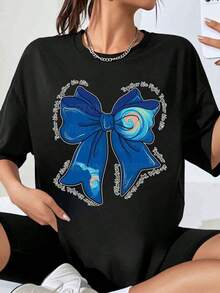 T-Shirt With Blue Bow Tie Design And Inspirational Phrases For Cheerleading And Dance Teams, Ideal As A Gift For Dancers And Athletes. - 黑色 - 查看 1