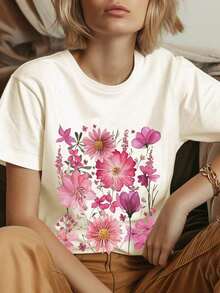 Camiseta de verano premium para mujer, de corte holgado, con estampado floral de estilo retro y bohemio. - Albaricoque - Ver 3