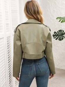 Women's Solid Color Minimalist Casual Zip-Up Short Jacket - Green - View 9