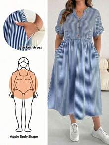 Vestido de Verano Casual a Rayas con Cuello Recortado y Manga Corta Talla Grande - Azul y blanco - Ver 10