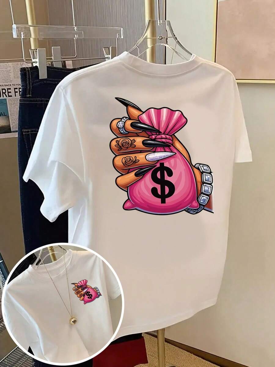 | Exquisite Design | Loose And Comfortable | Easy To Match | Double-Sided Printed T-Shirt With Money Bag Design, Luxurious Style Print, Round Neck, Casual Short Sleeves For Women, Skin-Friendly Fabric, Classic Design, Spring And Summer Top, A Must-Have Fashion Item For Women. - 白色 - 查看 1