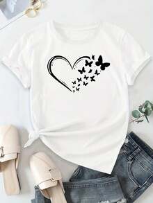 Camiseta de Verano Premium para Mujer, Estampado de Mariposas, 100% Algodón, Manga Corta, Cuello Redondo, Estilo Casual Básico, Lavable a Máquina 79294 - Blanco - Ver 3