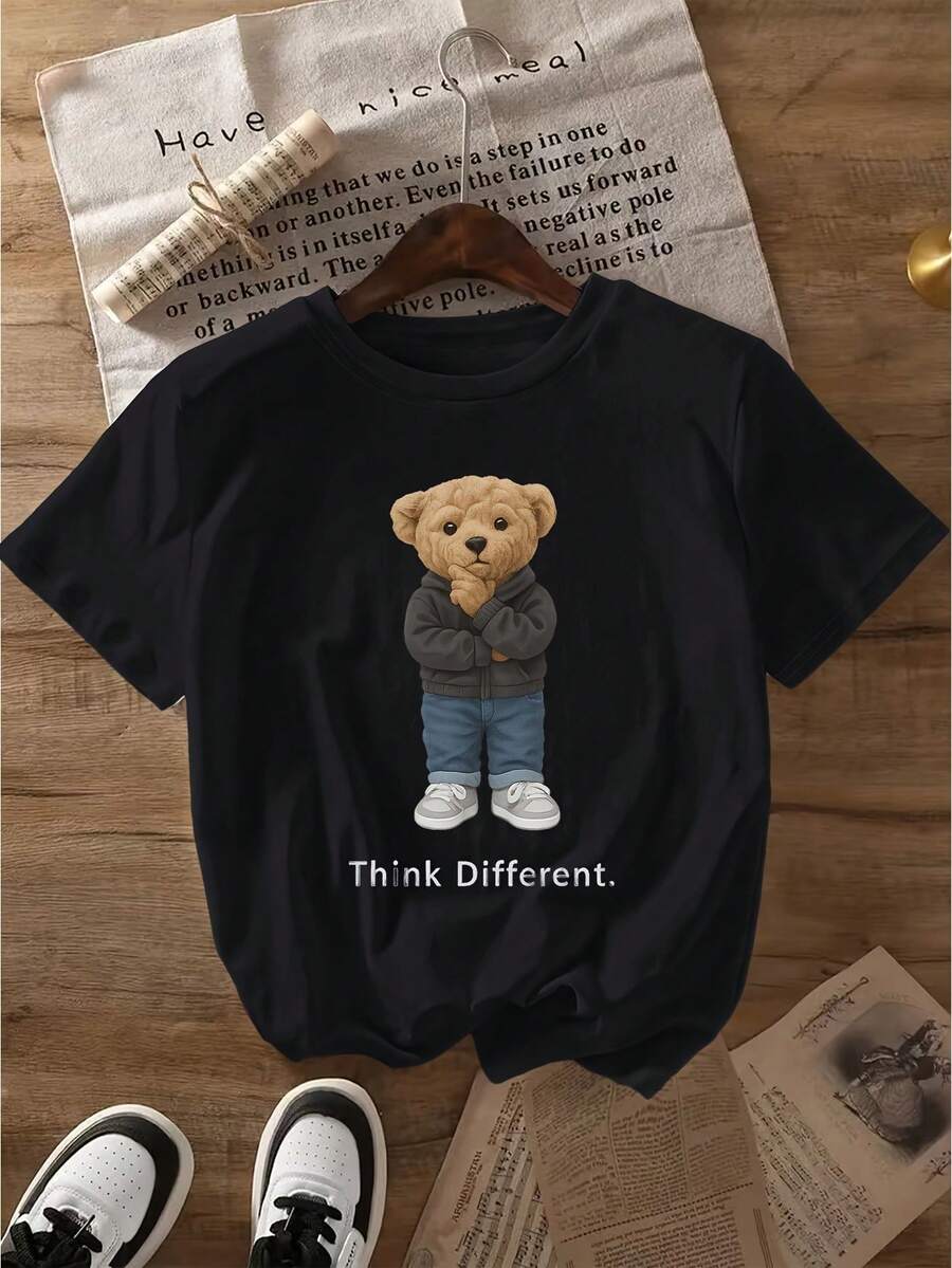 Women's Casual T-Shirt With Cartoon Bear Print - "THINK Different" Print, Soft And Stretchy, Round Neck And Short Sleeves, Ideal For The Gym And Outdoor Activities - Available In Multiple Colors And Sizes, Cute And Printed T-Shirt, Stretchy Fabric, Fashionable Printed Top 180g 100% Cotton. - 黑色 - 查看 1