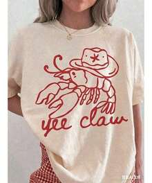 Suave Yee Claw Shirt, Camiseta de Vaquero Estilo Western con Langosta, Camiseta Gráfica Retro Western, Camiseta de Rodeo con Estética de Pescador, Camiseta Estilo Country y Playa, Camisetas Gráficas Divertidas de Talla Grande para Hombres y Mujeres, Camisetas Casuales de Cuello Redondo y Corte Holgado - Tops de Verano para Mujeres - Nuevos Conjuntos de Verano para Mujeres - Conjuntos de Vacaciones para Mujeres, blusas casuales, playeras de mujer algodon - Albaricoque - Ver 4