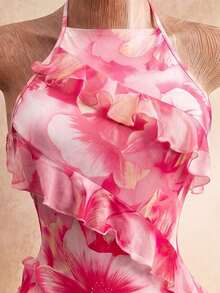 2026 Nuevo vestido de mujer con escote sexy, estampado floral y cuello halter, con diseño de volantes en el borde, estilo Y2K revival, estilo dulce y picante, look de vacaciones, para adultos jóvenes, tela transparente, ajuste ceñido, ligero.Adec - Rosa Pálido - Ver 4
