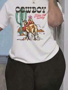 Women's Western T-Shirt, Cowgirl 'Take Me Away' And Desert Print, Loose Fit Cotton Graphic Tee, Cowboy Themed Summer Party Wear, 4th Of July Rodeo. Suitable As A Gift. Women's T-Shirt. Blouses>Elegant. Boho Chic, Soft, Breathable And Comfortable Women's Top, Ideal For Spring, Summer And Autumn, Perfect For Vacations, Travel And Everyday Wear. - 白色 - 查看 2