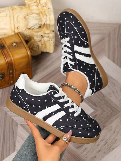 Zapatos casuales de mujer con estampado de lunares y cordones, zapatillas deportivas planas con decoración de rayas, mocasines versátiles para uso diario (el tamaño es pequeño, se sugiere pedir una talla talla grande)