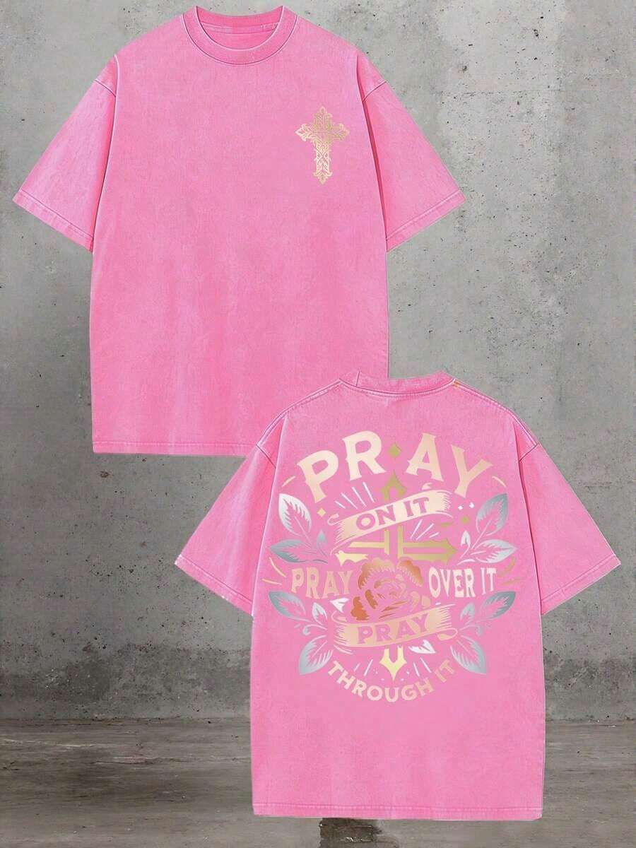 Golden Cross Floral Pray On It Vintage Oversized Graphic Tee, Religious Summer Top For Unisex - 玫紅色 - 查看 1