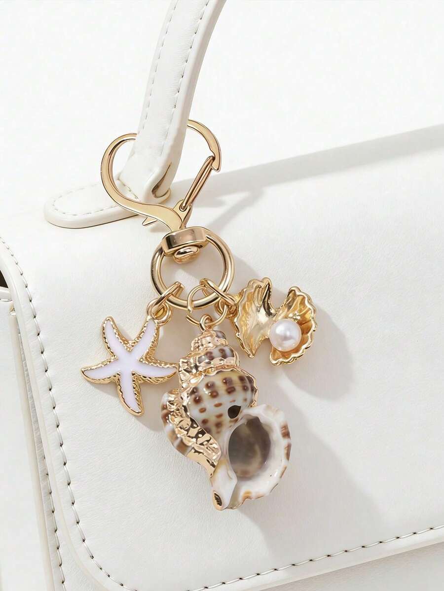 金色海洋主題貝殼海星珍珠吊飾鑰匙圈,適合背包與手提包裝飾,夏季海洋風禮物,適合家人、朋友與愛人,生日、週年紀念、開學季、教師節及其他節日禮物 - 彩色 - 查看 1