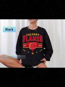 Calgary Flame Sweatshirt, Vintage Calgary Hockey Shirt, Calgary Hockey Shirt,  Hockey, Calgary Sweater Printed T-Shirt - Black - View 1
