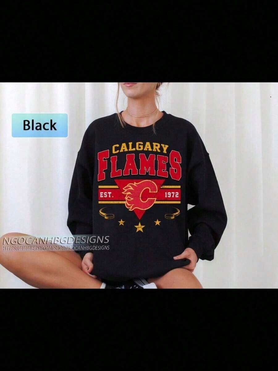 Calgary Flame Sweatshirt, Vintage Calgary Hockey Shirt, Calgary Hockey Shirt,  Hockey, Calgary Sweater Printed T-Shirt - Black - View 1