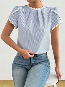 Camisa de mujer elegante y casual con mangas abombadas y volantes de unicolor - Azul - Ver 6