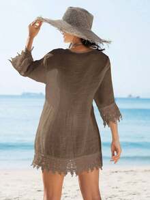 Swim Vcay Kimono cubrecuerpo para damas de un solo color con aplicaciones de encaje y botones delanteros - Café integral - Ver 3