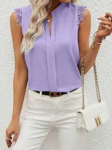 Clasi Camisa de mujer sin mangas de unicolor con cuello en V elegante y parche de encaje, verano - Púrpura malva - Ver 3