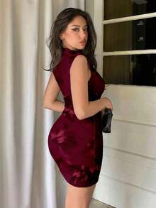 Vestido ajustado con fruncidos de estilo minimalista y sin mangas de unicolor para mujer - Burdeos - Ver 2