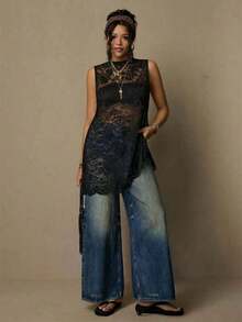 Freevana Blusa sin mangas con estampado floral vintage bohemio y encaje, talla grande, nueva llegada de primavera, adecuada para el Día de San Valentín, festivales de música - Negro - Ver 4
