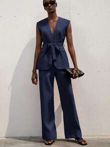 Traje de mujer de unicolor sin mangas, de diseño minimalista y versátil para uso diario - Azul marino - Ver 5