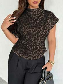 Blusa ajustada con cuello fruncido, manga asimétrica y cintura fruncida con estampado de lunares marrones.Adecuada para ir a trabajar, estilo vintage, elegante, para usar en las cuatro estaciones y para vacaciones en la Riviera Francesa - Multicolor - Ver 5